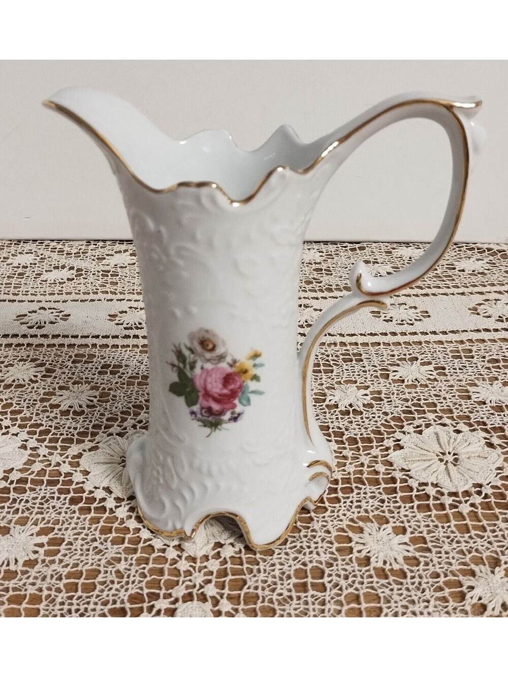 Vintage Royal Danube Pitcher/Creamer White w/Rose Pattern Gold Trim 7 1/2" Tall